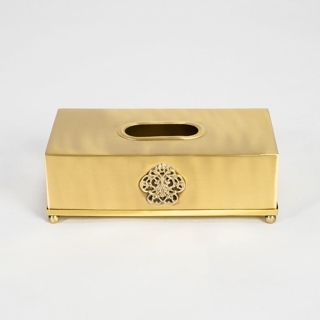 Antique gold metal tissue box holder with ornate floral detailing designed for elegant home and office spaces.