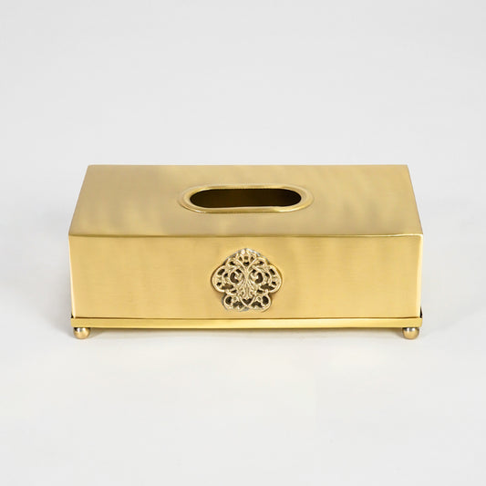 Antique gold metal tissue box holder with ornate floral detailing designed for elegant home and office spaces.