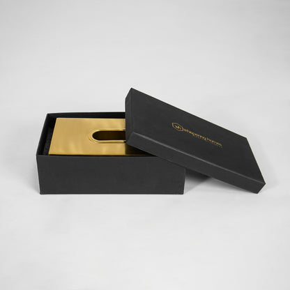 Antique gold metal tissue box holder presented in premium gift box packaging for elegant home gifting.