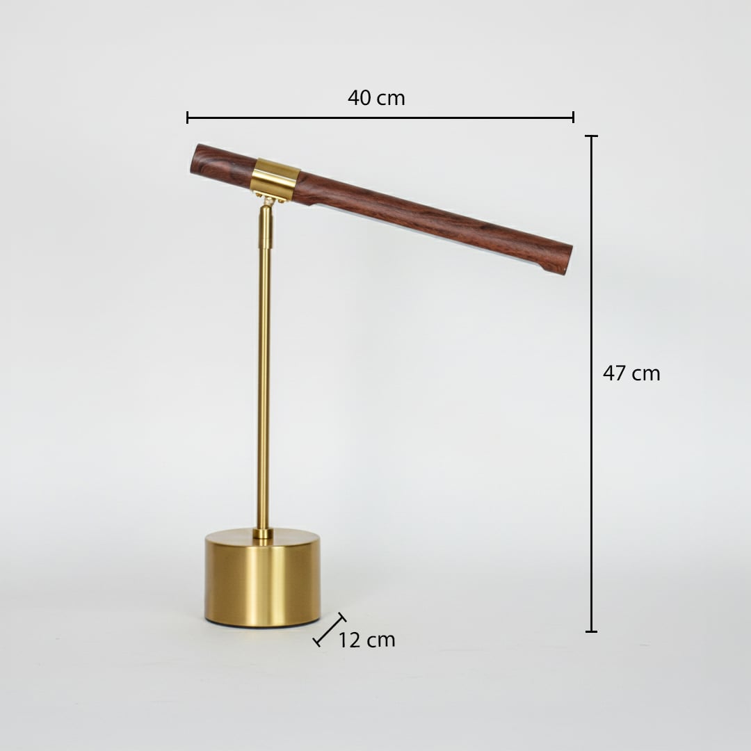 Gold metal desk lamp showing 47 cm height 40 cm light bar length and 12 cm base size ideal for work desk use.
