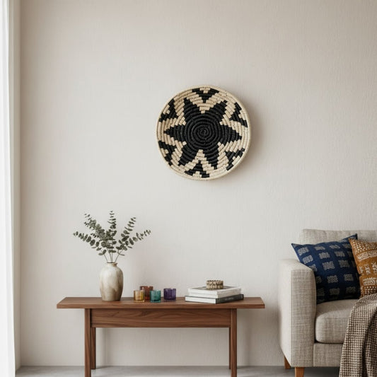Woven wall basket styled above wooden console with decor accents creating warm natural focal point for modern living room Decor.