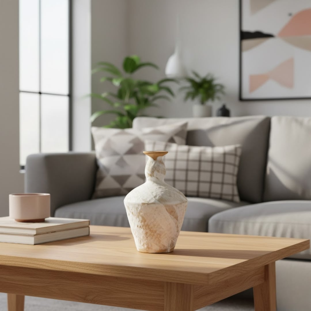 Lifestyle image of ceramic decorative vase placed on wooden coffee table in modern living room with soft daylight neutral decor and indoor plants.