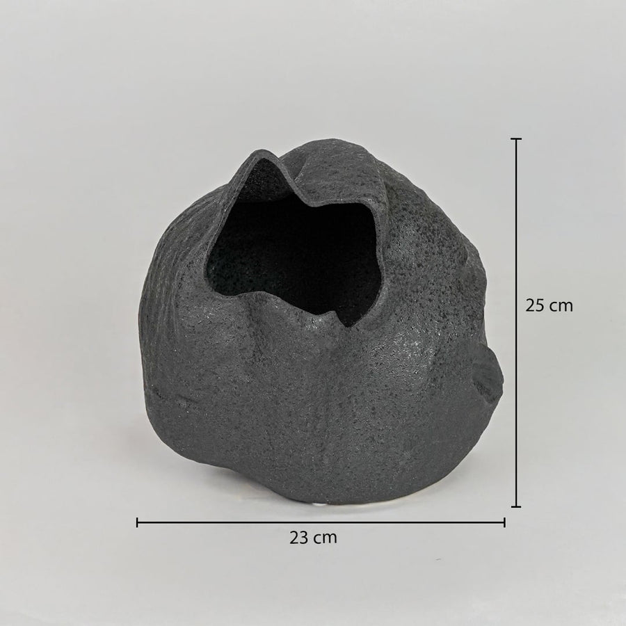 Black ceramic decorative vase size 25 cm height 23 cm length modern textured flower vase dimension reference image.