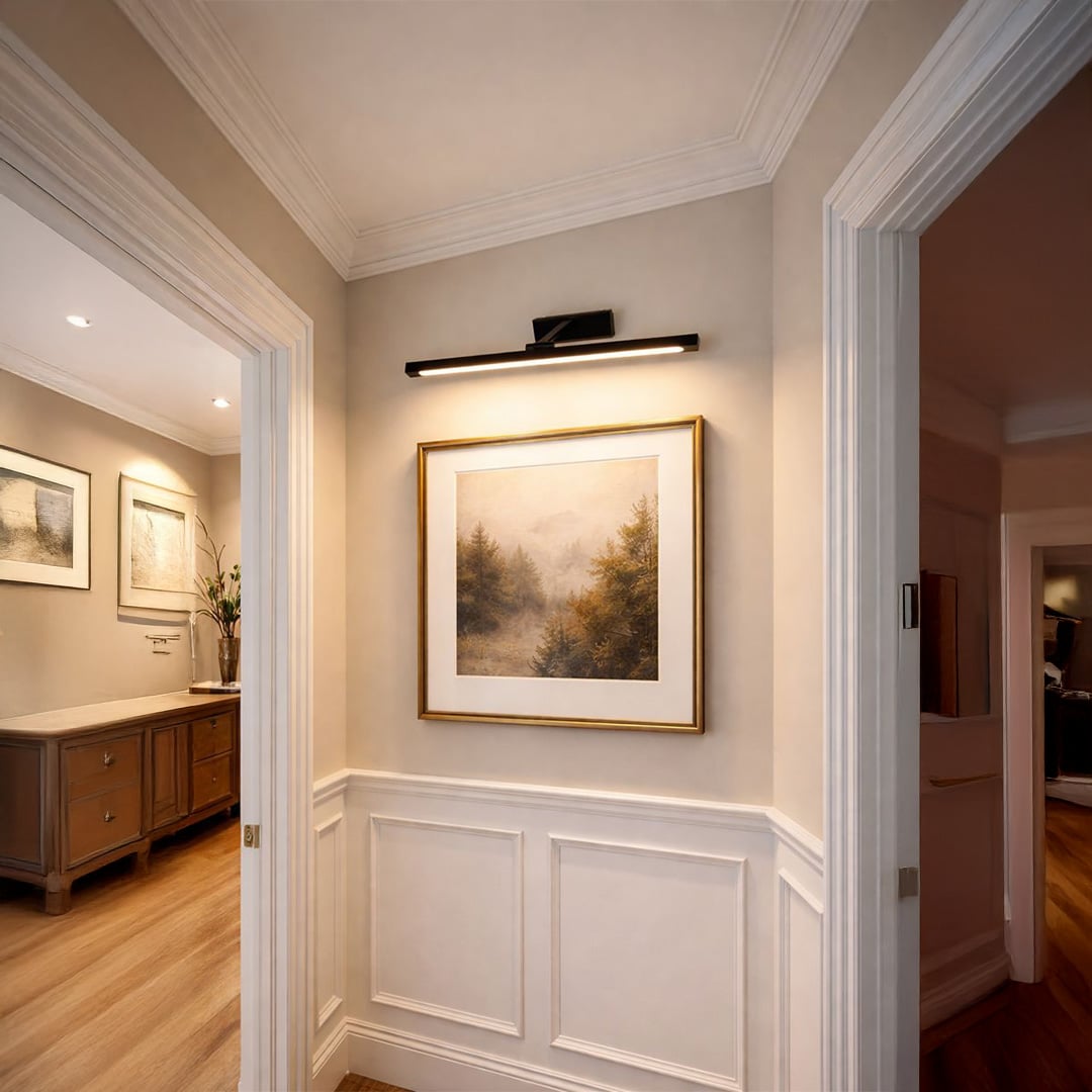 Black metal picture light highlighting framed artwork above console table adding sophisticated gallery inspired interior appeal.