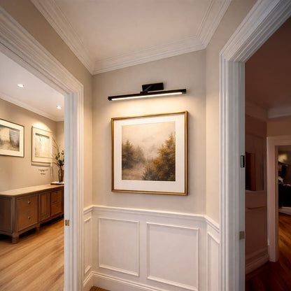 Black metal picture light highlighting framed artwork above console table adding sophisticated gallery inspired interior appeal.