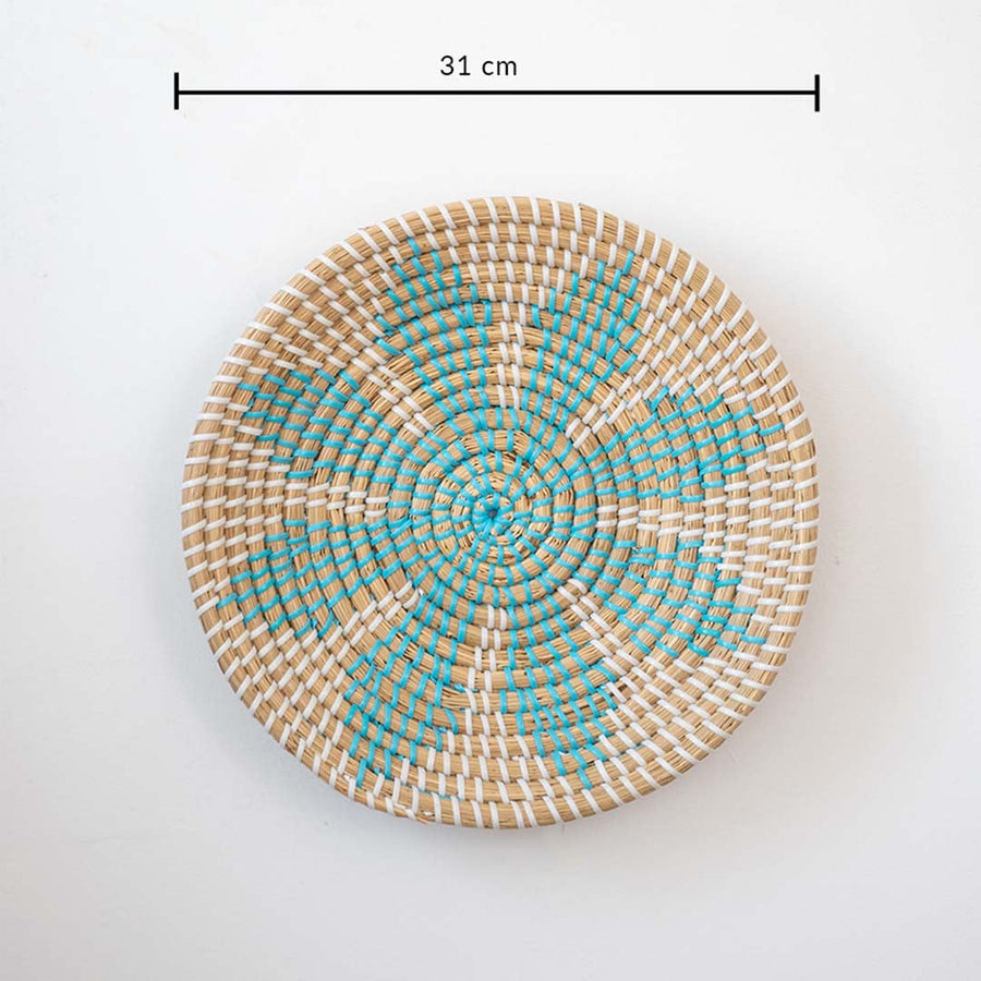 Handwoven round wall basket with turquoise and natural fiber pattern showing 30 cm diameter for decorative interior wall decor placement.