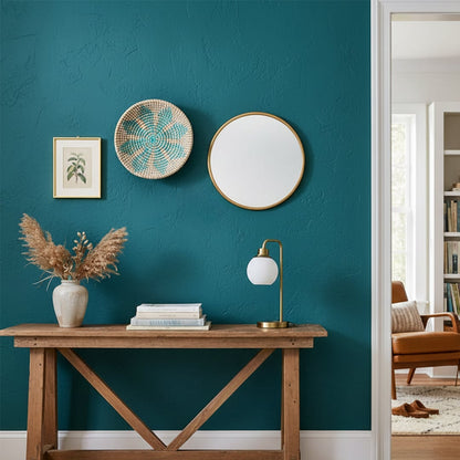 A teal wall displays a round mirror a woven basket and framed art above a wood console table with a lamp books and a vase of dried pampas grass.