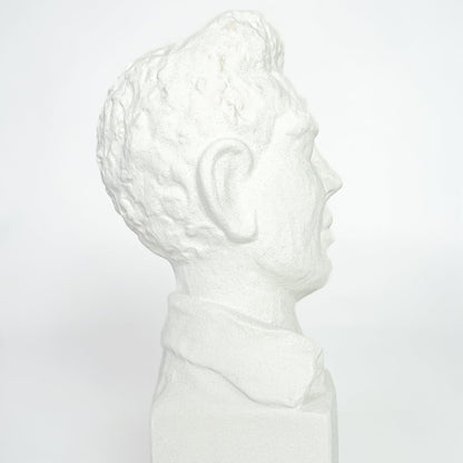 Close view of white resin bust sculpture highlighting detailed facial features and smooth matte finish.