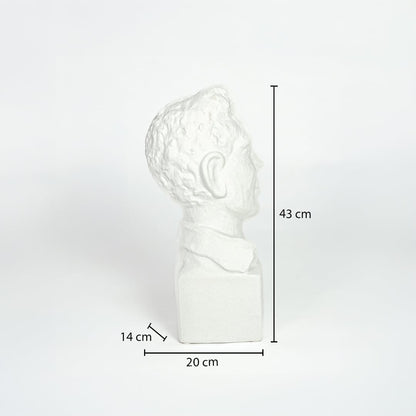 White resin bust sculpture measuring 43 cm height 20 cm width and 14 cm depth ideal for console or shelf decor placement.