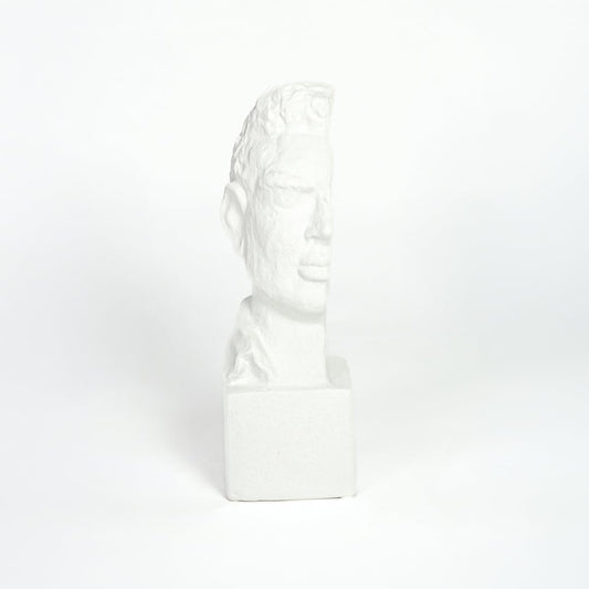 White resin classical bust sculpture with detailed facial features isolated on clean white background for elegant decor styling.