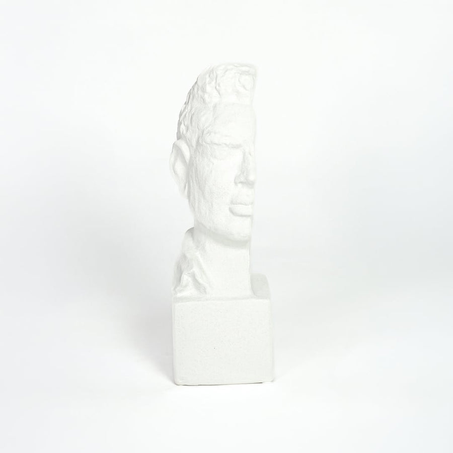 White resin classical bust sculpture with detailed facial features isolated on clean white background for elegant decor styling.