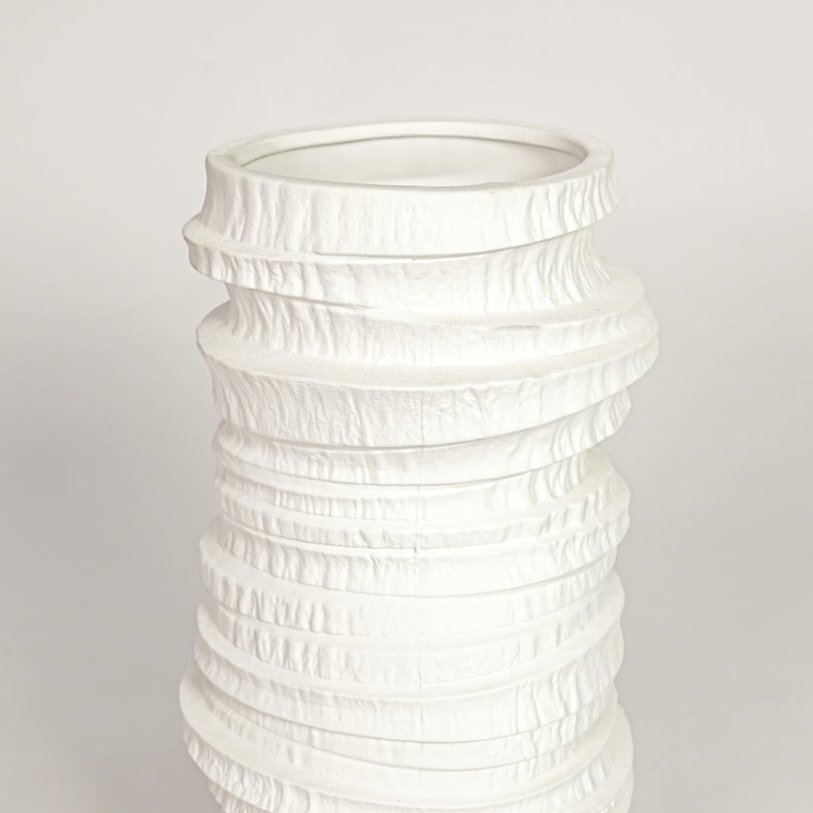 White ceramic decorative vase with detailed layered texture perfect for elegant dried floral display and modern interior decor.