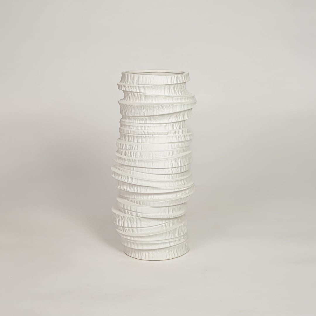Modern white ceramic textured decorative vase ideal for dried flower arrangement on console table shelf and stylish home decor.