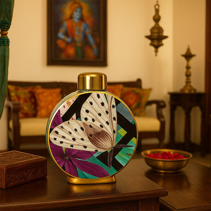 Butterfly ceramic jar with hand-painted butterfly art placed on a classic wooden table in a warm traditional living room setting.