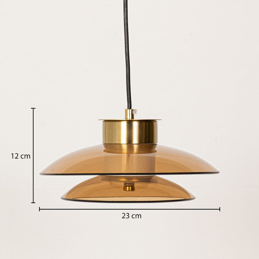 Amber glass pendant light with gold metal top showing dimensions clearly listed as 23 cm width and 12 cm height for accurate size reference.