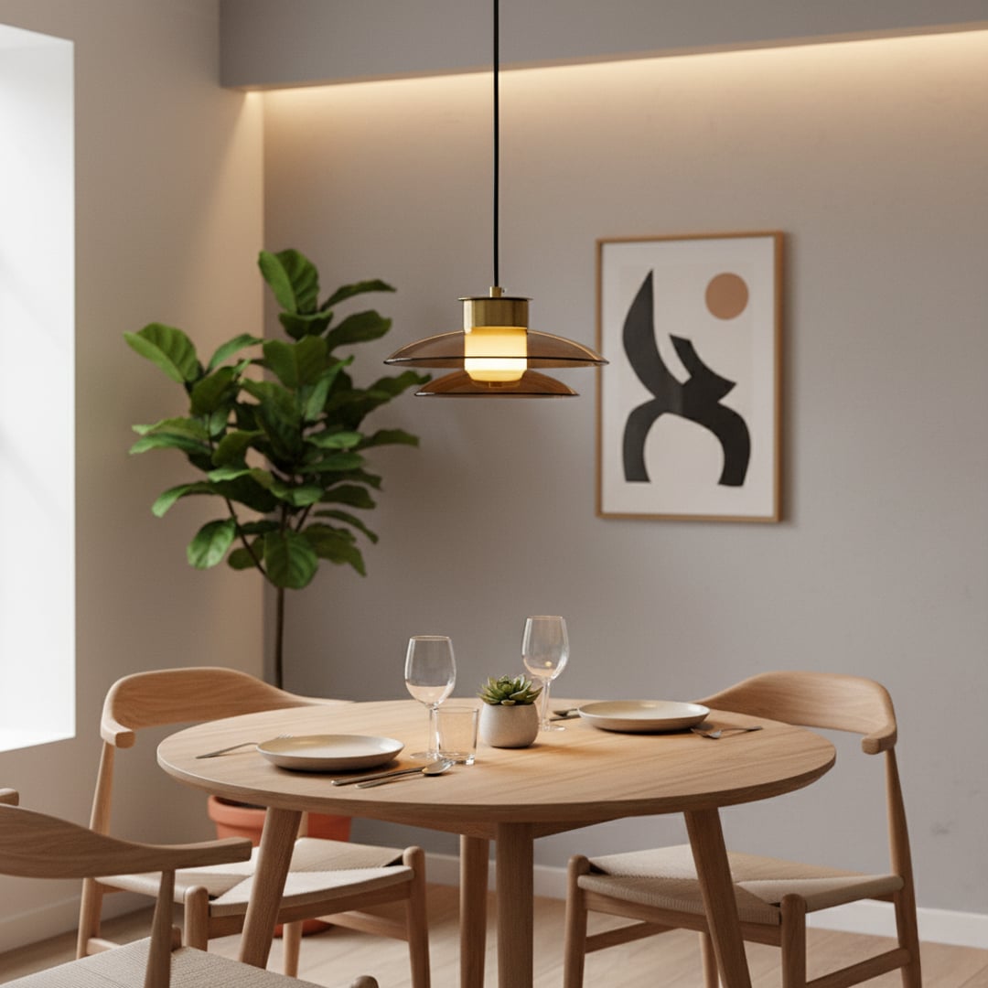 Elegant brass and amber glass pendant light glowing warmly above a modern dining table creating a cozy decor setting in a minimalist room.