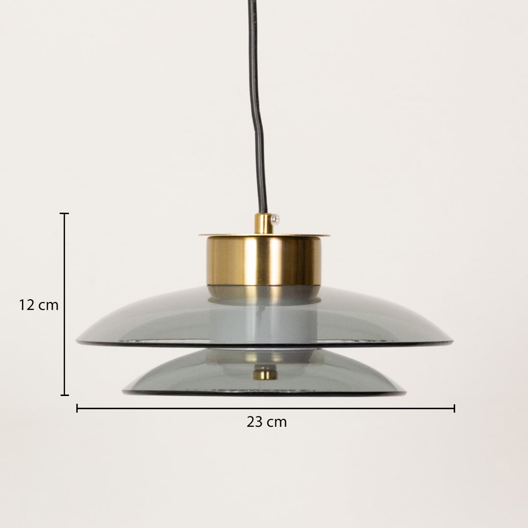 Grey glass pendant light with gold metal top showing dimensions clearly marked as 23 cm width and 12 cm height for accurate size and placement planning.