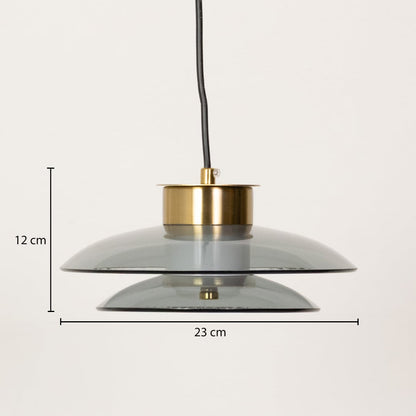Grey glass pendant light with gold metal top showing dimensions clearly marked as 23 cm width and 12 cm height for accurate size and placement planning.