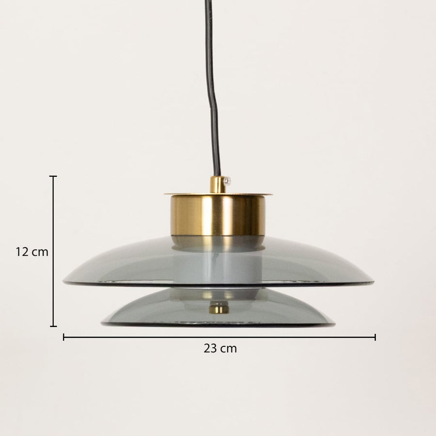Grey glass pendant light with gold metal top showing dimensions clearly marked as 23 cm width and 12 cm height for accurate size and placement planning.