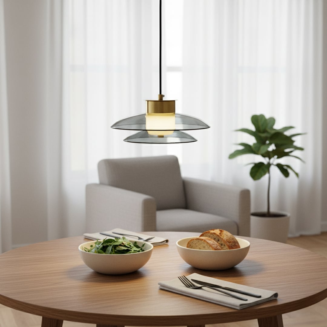 Modern grey glass pendant light with gold metal fitting glowing warmly above a round dining table creating a soft cozy atmosphere in a minimal living space.