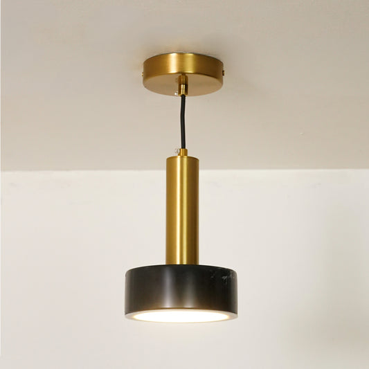 A modern pendant light fixture with a brushed brass cylindrical body, a black circular shade, and a brass ceiling canopy, shown illuminated against a plain off-white wall.