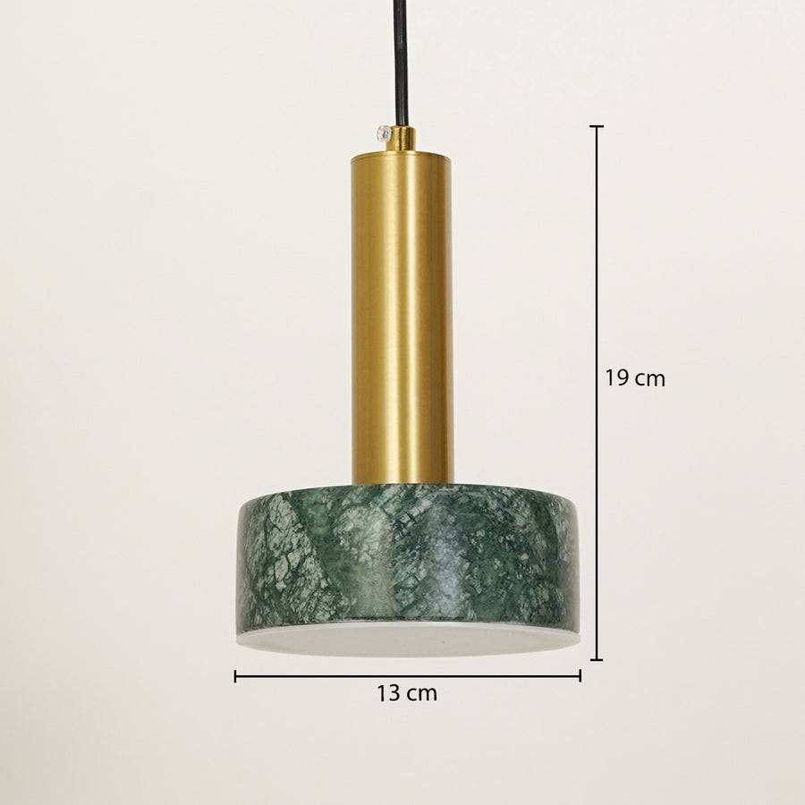 Modern gold pendant light with green marble base measuring 19 cm height and 13 cm width on white background.