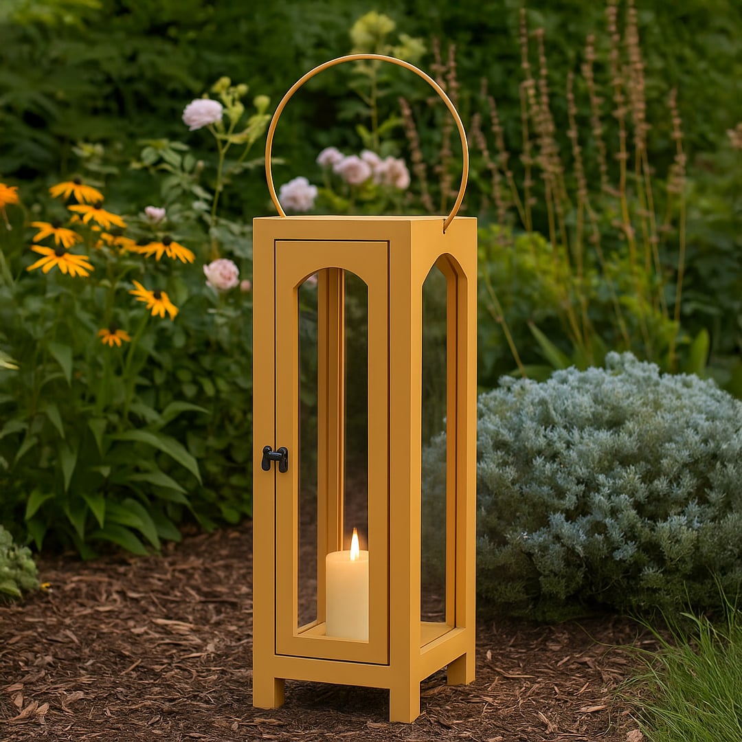 Natural wood floor lantern with a lit candle placed in a garden bed surrounded by plants creating a cozy warm outdoor ambiance.