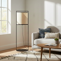 Minimalist black metal floor lamp with white fabric shade enhancing modern living room decor with soft illumination.