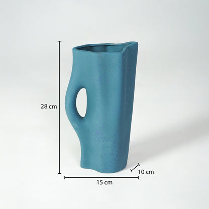 Dimension image of blue ceramic abstract vase measuring 26 cm for modern shelf decor with textured matte finish.