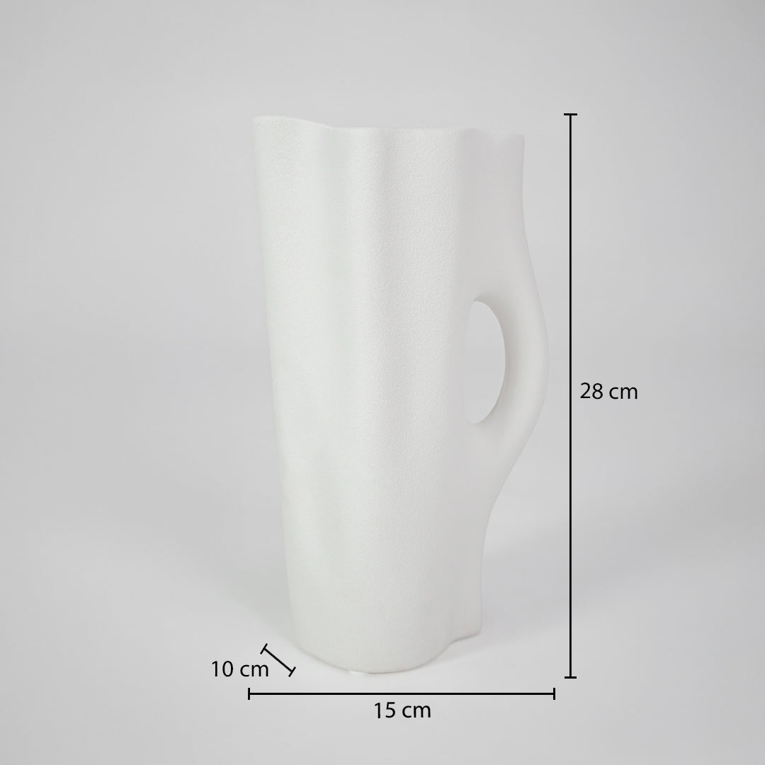 Dimension image of white ceramic handle vase measuring 28 cm for modern tabletop decor with matte finish styling.