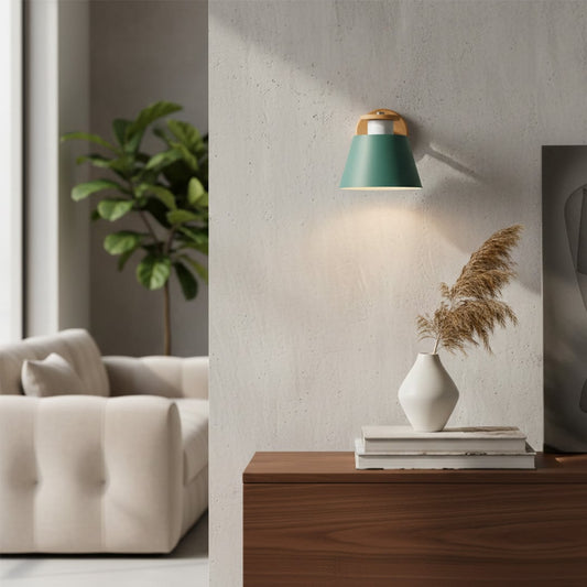Modern green metal wall light for stylish bedroom living room and Scandinavian decor styling spaces.

