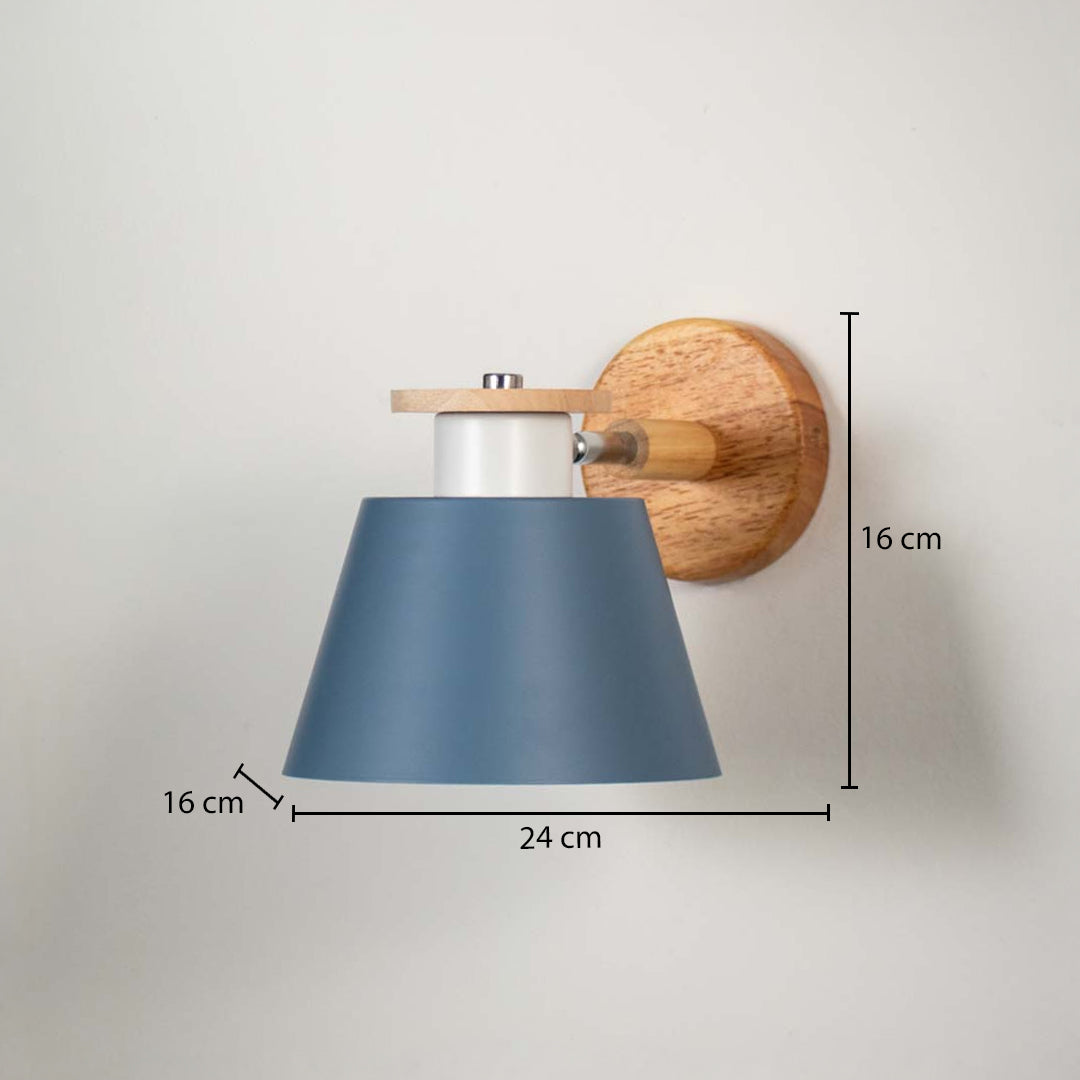 Minimal light blue wall sconce with wooden base mounted on neutral wall background ideal for contemporary home lighting setup.