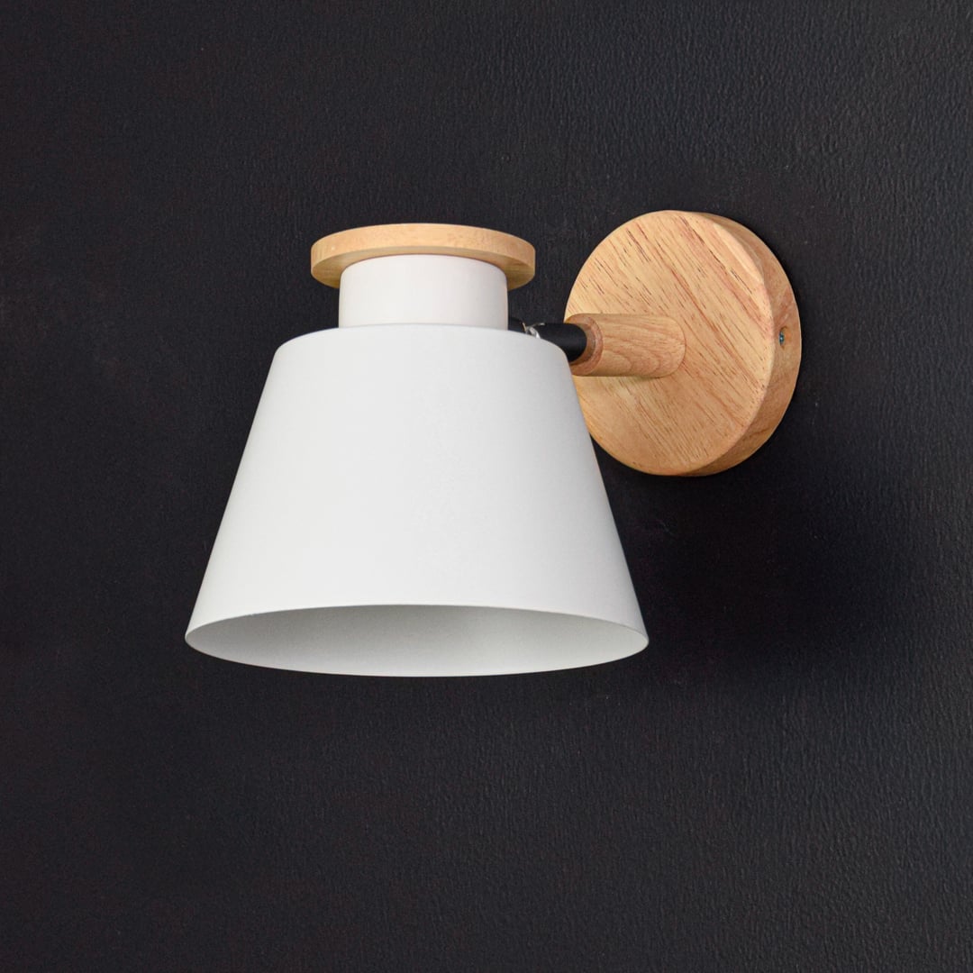 Wooden wall sconce with white lampshade light off black background for bedroom kids room study area and hallway stylish modern wall lighting decor.
