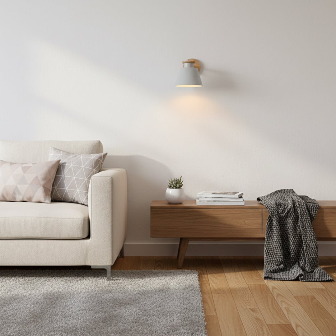 Minimal Scandinavian wall light above a neutral sofa and wooden bench creating a calm modern living room atmosphere with soft warm illumination and clean decor styling.