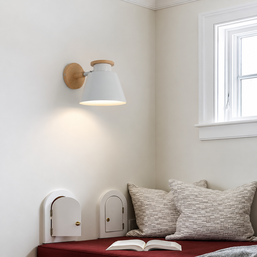 Lifestyle image of white tokyo wall light for minimalist living room decor styling and modern home lighting.