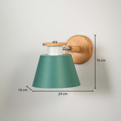 Green metal wall light with gold base on white background with dimensions stylish cone shade ideal for bedside and wall lighting decor.