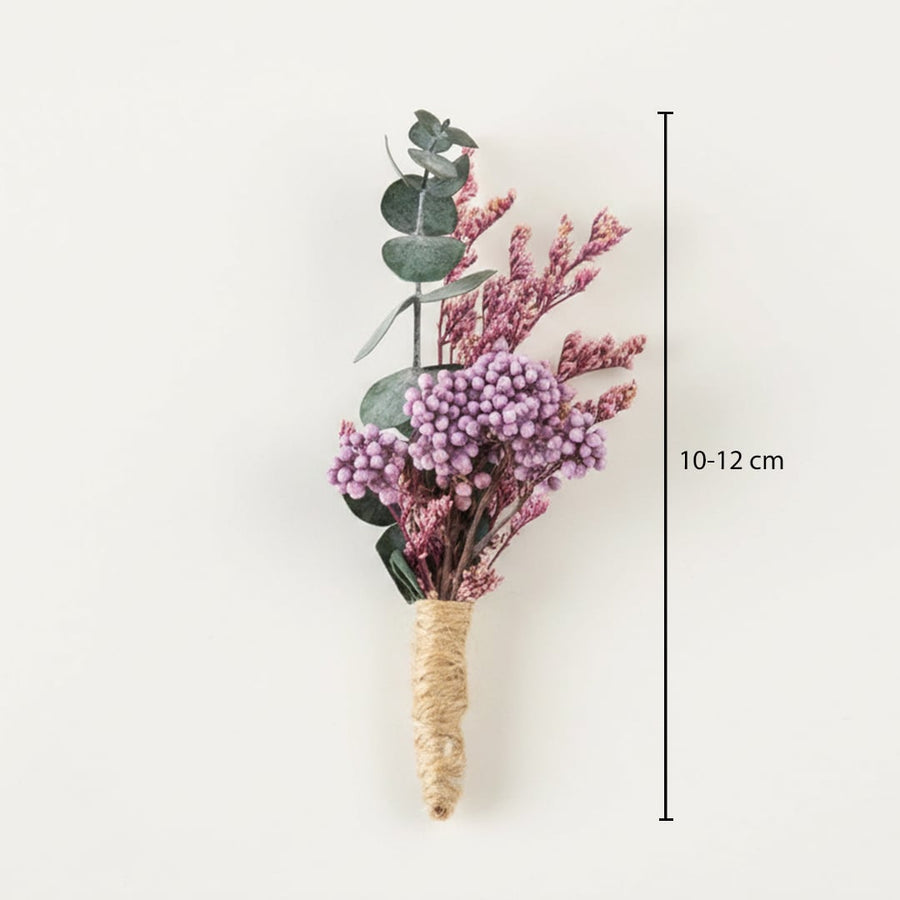 Dried floral bunch with purple blooms green leaves and pink accents showing height 10 to 12 cm ideal for vase Decor styling.