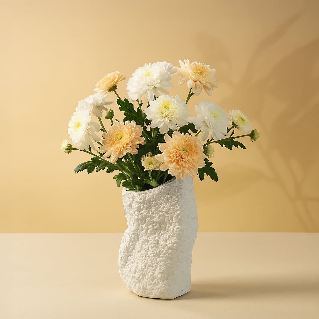 Small round black textured ceramic vase styled with dried pampas and protea flowers placed on a vintage wooden dresser.
