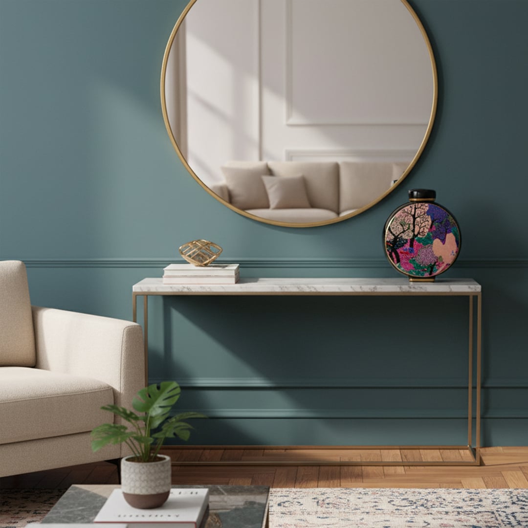 Decorative ceramic jar with colorful artistic landscape design placed on marble table adding elegance to modern home decor.