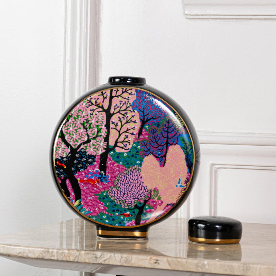 Artistic ceramic jar with multicolor scenic pattern smooth glaze and premium finish ideal for shelf console and table decor.