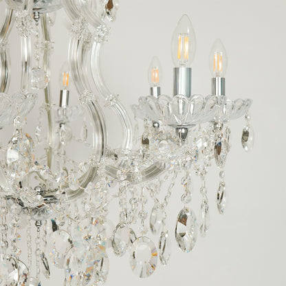 Closeup image of topaz cut-crystal chandelier for modern dining room decor styling with elegant crystal detailings.