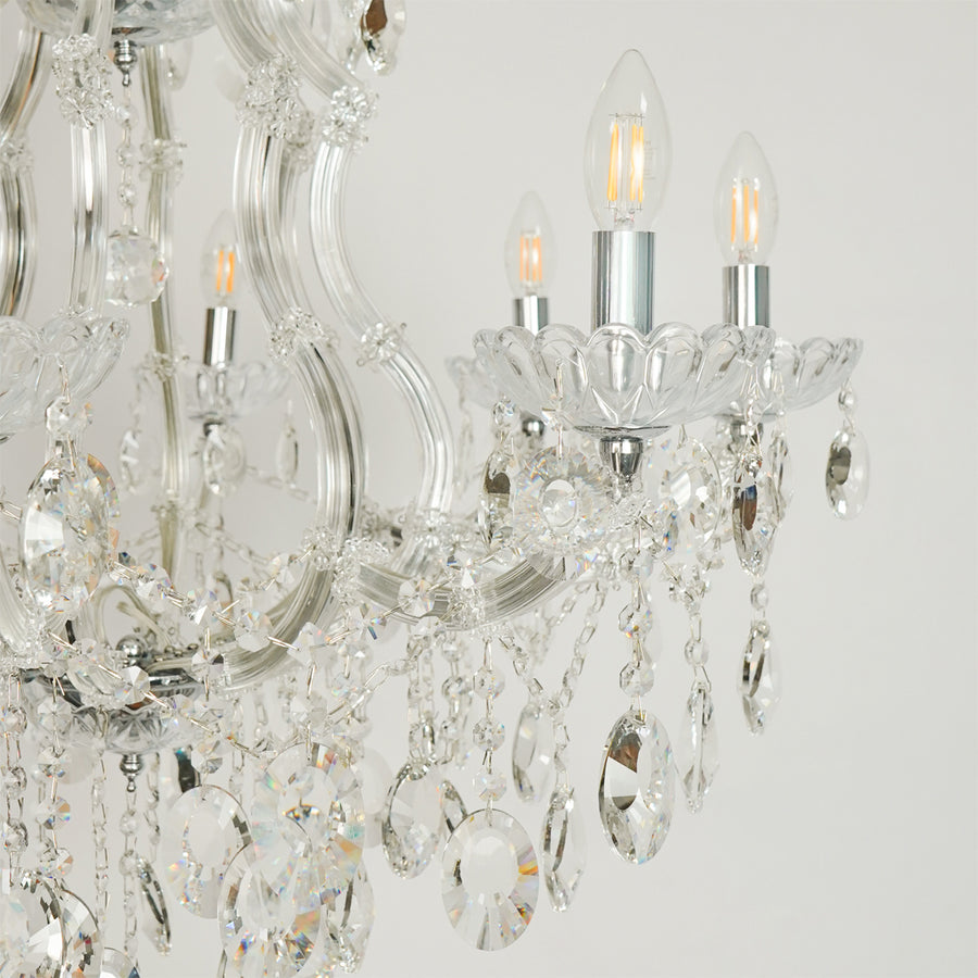 Closeup image of topaz cut-crystal chandelier for modern dining room decor styling with elegant crystal detailings.