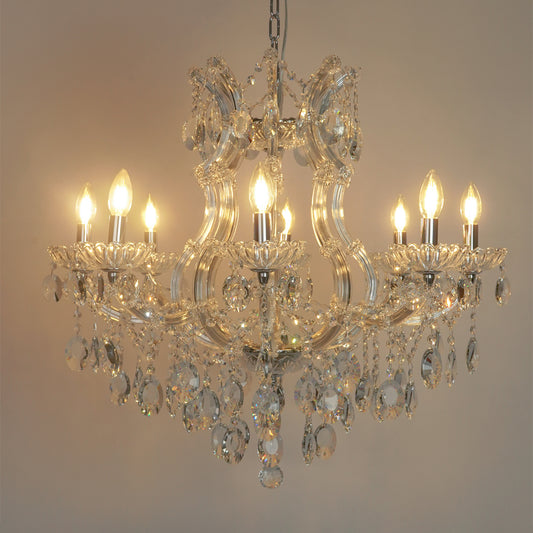 White background image of topaz cut-crystal chandelier for modern living room decor styling with a bright warm glow.