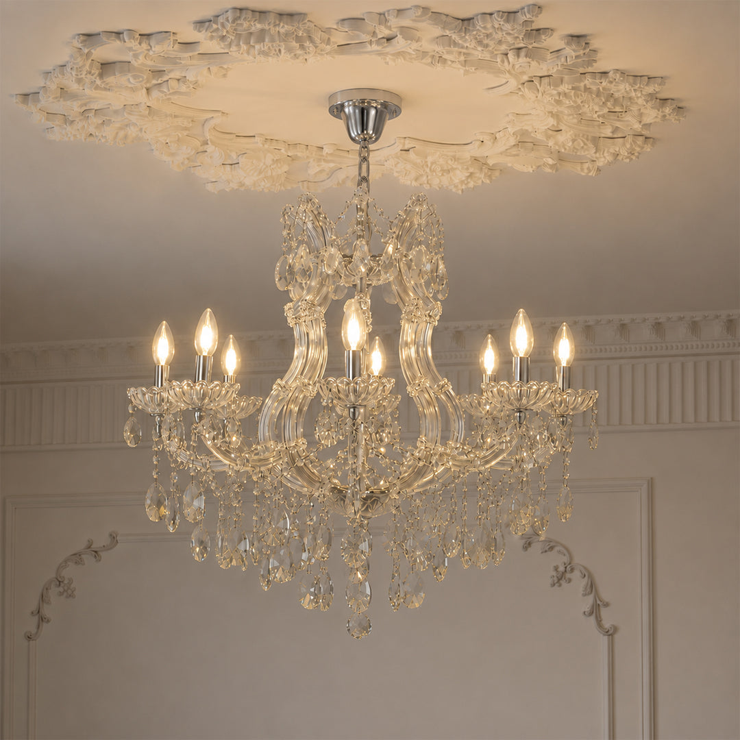 Lifestyle image of topaz cut-crystal chandelier for luxury dining room decor styling with elegant detailing.