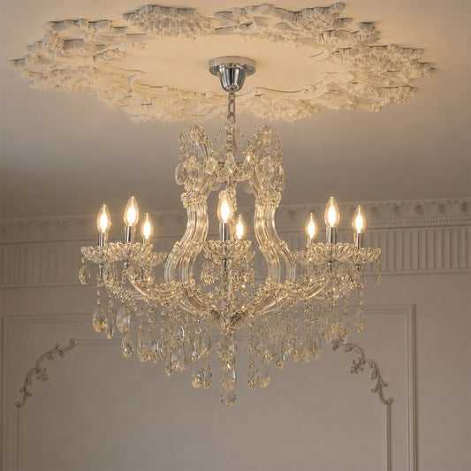 Lifestyle image of topaz cut-crystal chandelier for luxury dining room decor styling with elegant detailing.