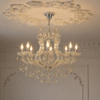 Lifestyle image of topaz cut-crystal chandelier for luxury dining room decor styling with elegant detailing.
