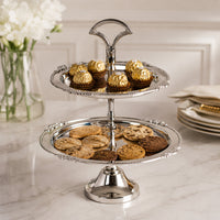 Gold metal two tier serving stand for dining table kitchen counter and elegant home entertaining and decor display.
