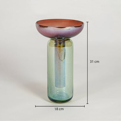 Multicolor glass pedestal vase dimension image showing 31 cm height and 18 cm width decorative glass accent for table styling.