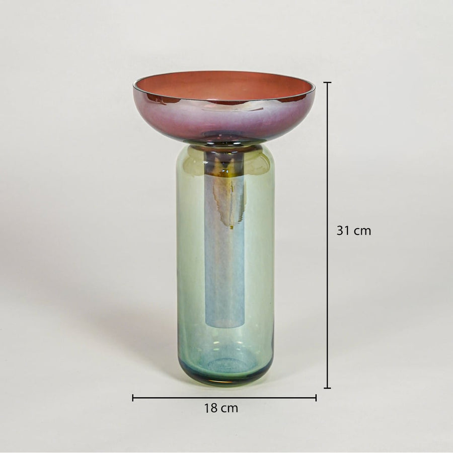 Multicolor glass pedestal vase dimension image showing 31 cm height and 18 cm width decorative glass accent for table styling.