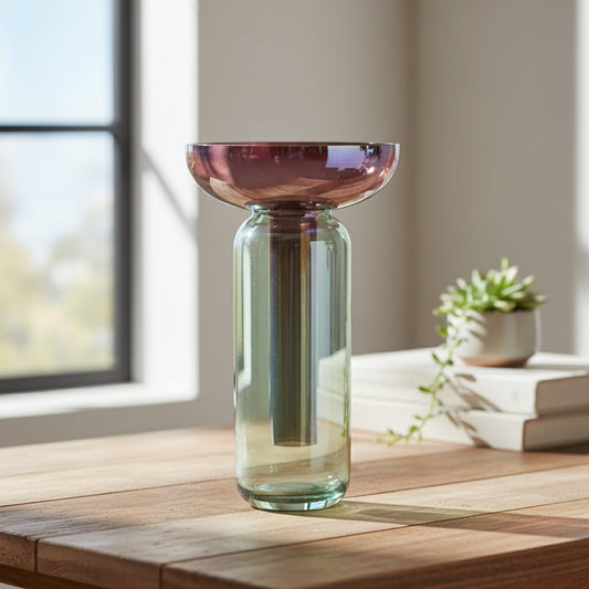 Multicolor glass pedestal vase styled on living room table modern decorative glass accent for console shelf or center table styling.